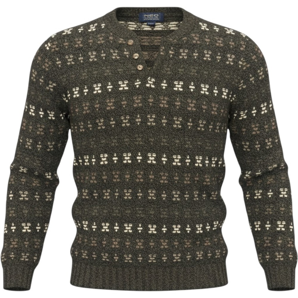 Northeast Outfitters Henley Sweater Mens L Green Acrylic Fair Isle Knit Vintage